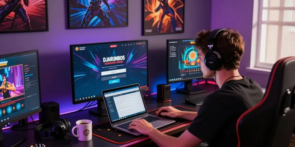 Engaging scene of a gamer preparing for DJARUMBOS LOGIN on a modern gaming setup with vibrant decorations.