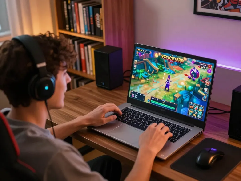 Player enjoying 92slot gameplay on laptop in a cozy home office environment