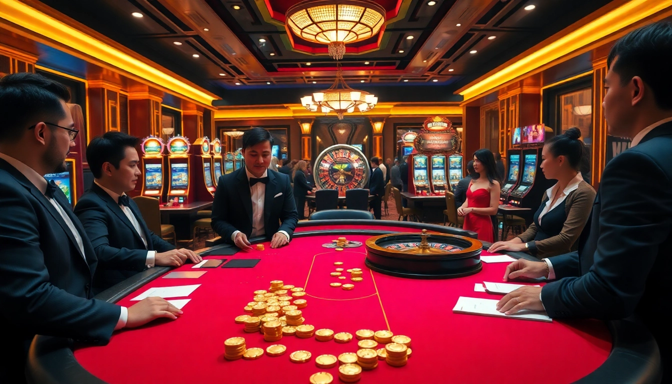 Players engaging in an exciting game at XN88's luxurious casino table, featuring poker chips and cards.