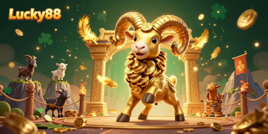 Experience excitement with Lucky88 in a dynamic casino-inspired scene featuring bold golden characters and rich gaming elements.