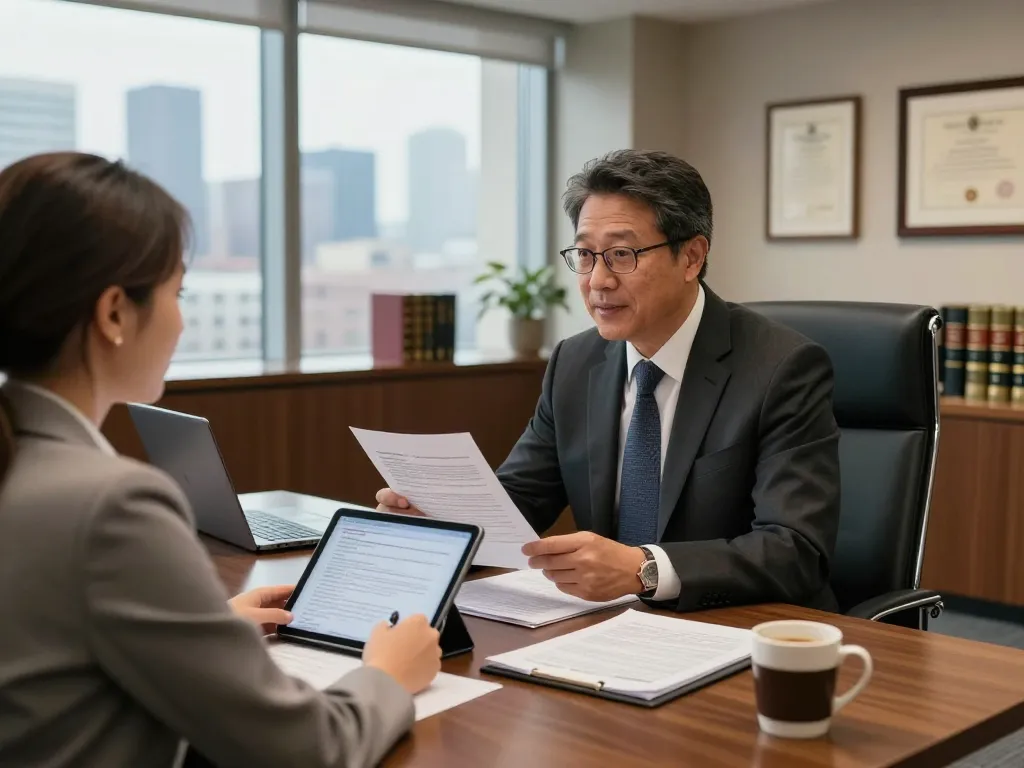 USA lawyers discussing legal documents in a professional office setting.