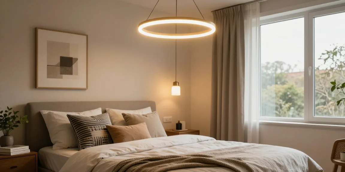 Lustra dormitor modernă în cameră confortabilă, iluminat cald și decor elegant.