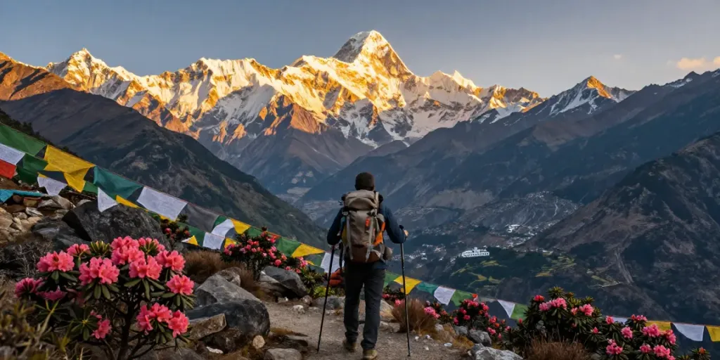 Manaslu Circuit Trek traveler with trekking gear against stunning Himalayan backdrop during sunrise.