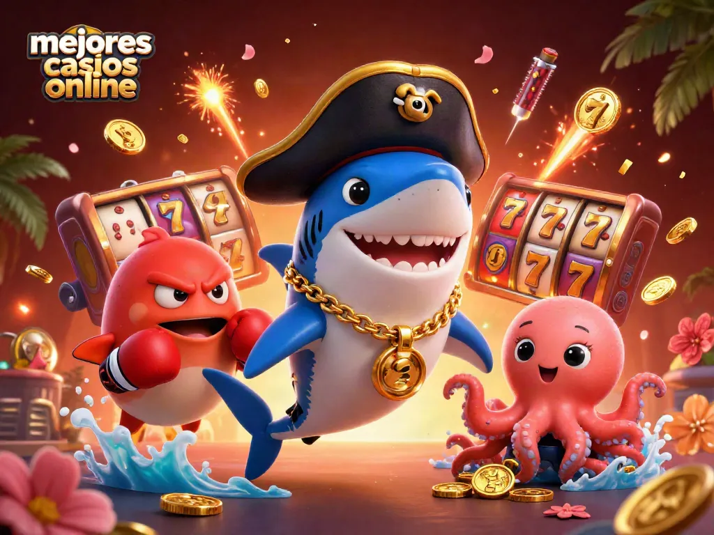 Explora los mejores casinos online a través de un divertido viaje marítimo con un tiburón y sus amigos.