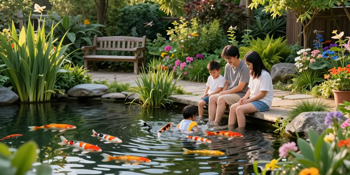 Pond plants thriving in a vibrant backyard pond garden with a family enjoying the serene atmosphere.