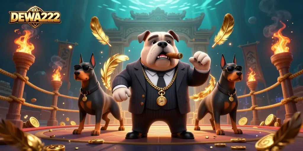 Bet with DEWA222 at a dynamic casino featuring a bulldog mafia boss and piercing Doberman guards.