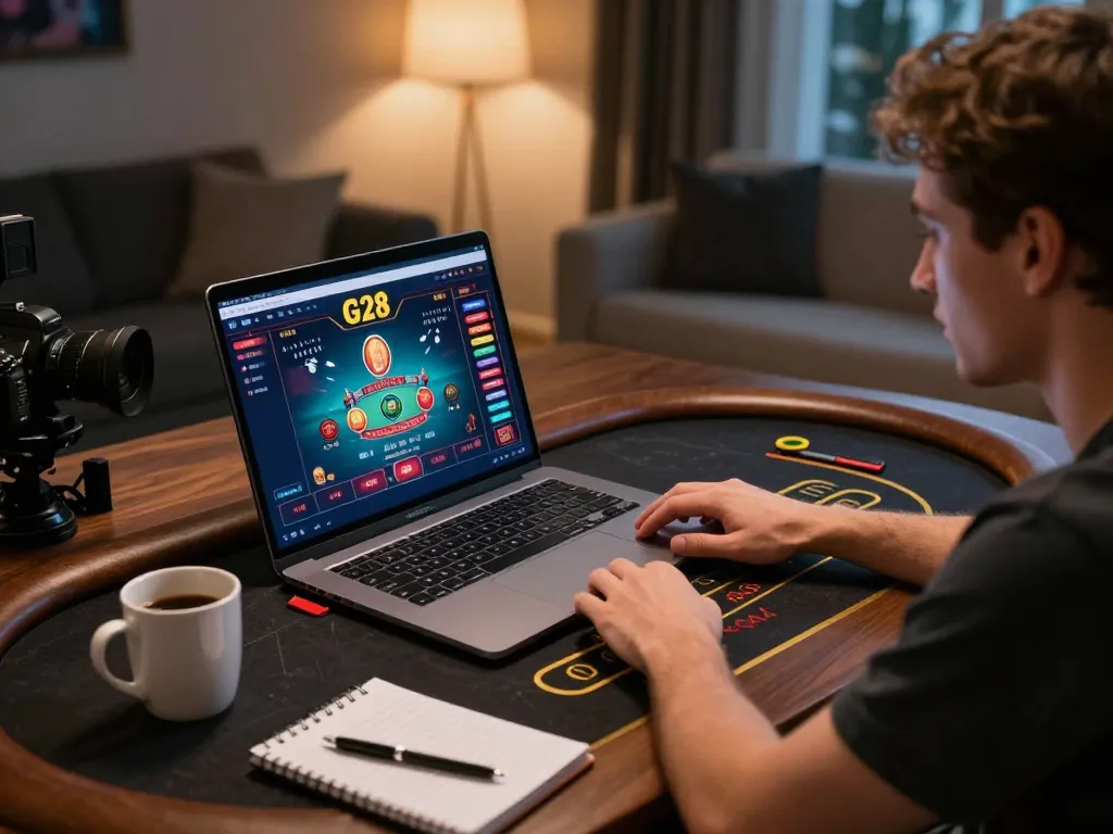 Player engaging with G28 online casino interface while enjoying a cozy home environment.