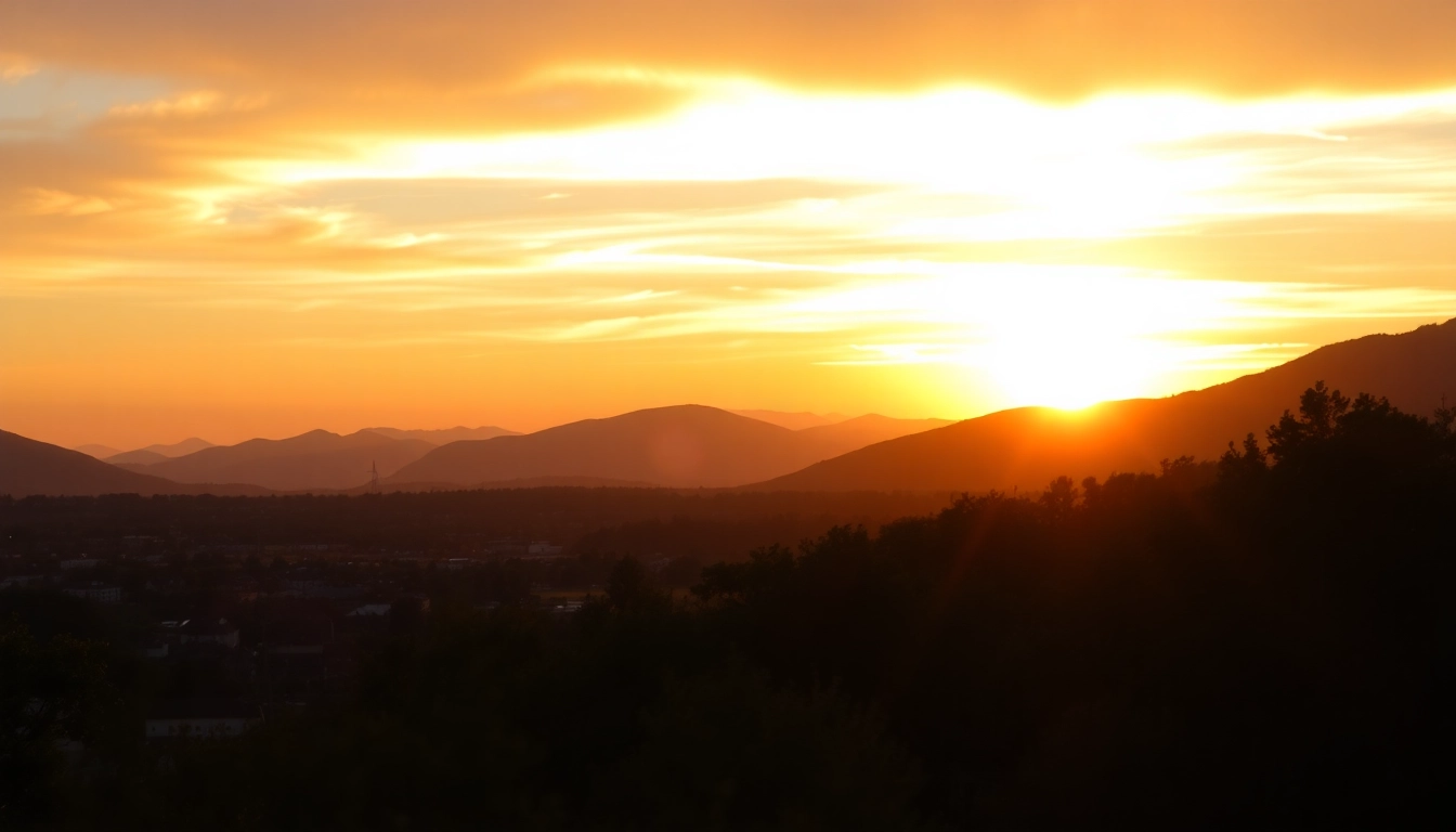 Clarksburg skyline at sunset featuring vibrant colors and silhouetted trees.