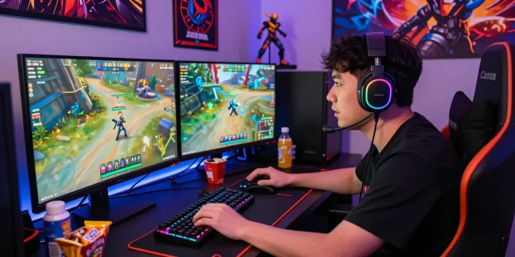 Gamer engaged in rokok88 live stream with vibrant setup and focused gameplay.