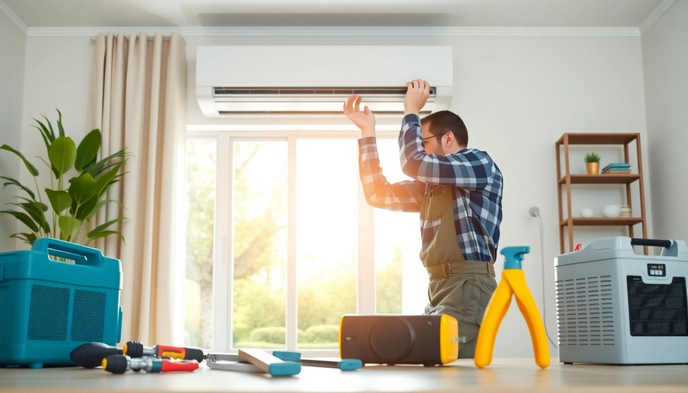 Expert installing heating and cooling services equipment, highlighting professionalism and reliability.