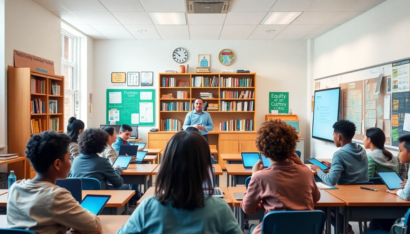 Dynamic classroom scene showcasing education equity and innovation with diverse students and digital tools.
