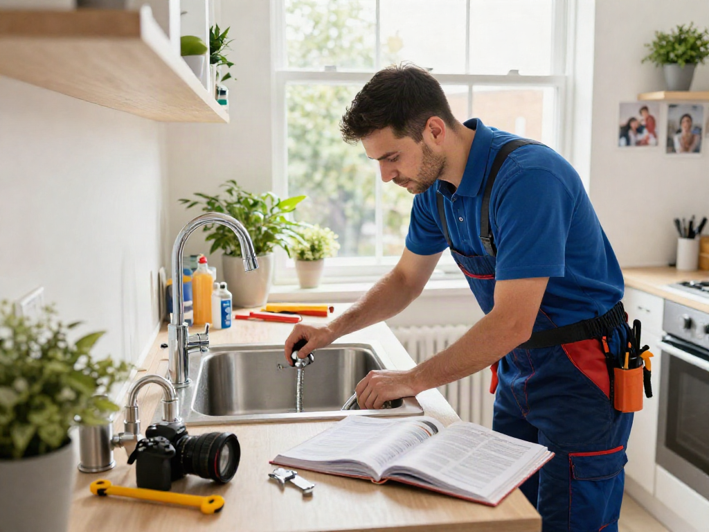 wefix london plumber inspecting a modern sink installation in a bright kitchen