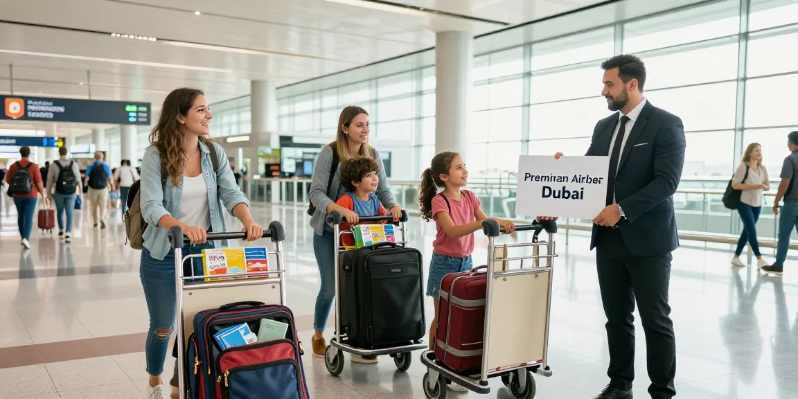 Family enjoying premium airport transfers service Dubai with chauffeur at airport terminal, showcasing modern travel experience.