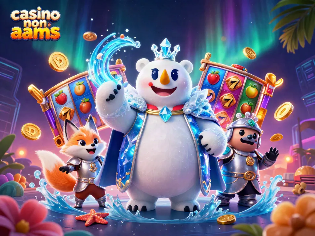 Visualizza un emozionante casinò non AAMS con un orso polare e una volpe, circondati da simboli di slot e monete d'oro.
