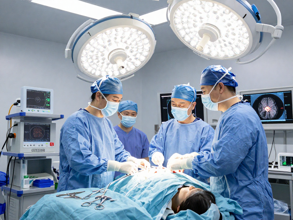 Beyin tümörü ameliyatı in a high-tech surgical room with a focused medical team preparing for a critical operation.