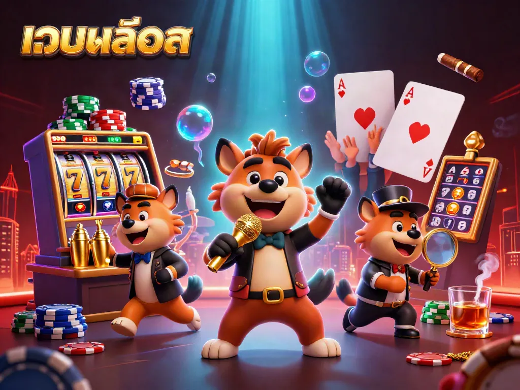 Engage with เว็บสล็อต in a dynamic casino scene featuring hyenas as bartenders and comedians.
