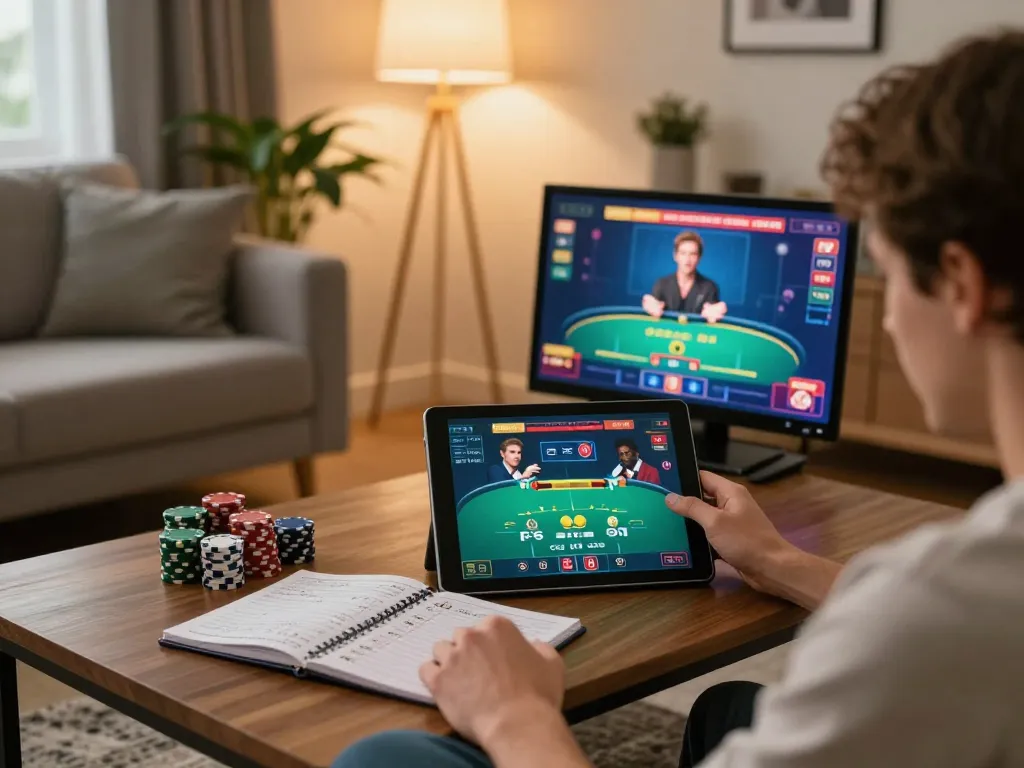 Player engaging in qq88 online casino gameplay on tablet, showing live dealer interface and poker strategy notes