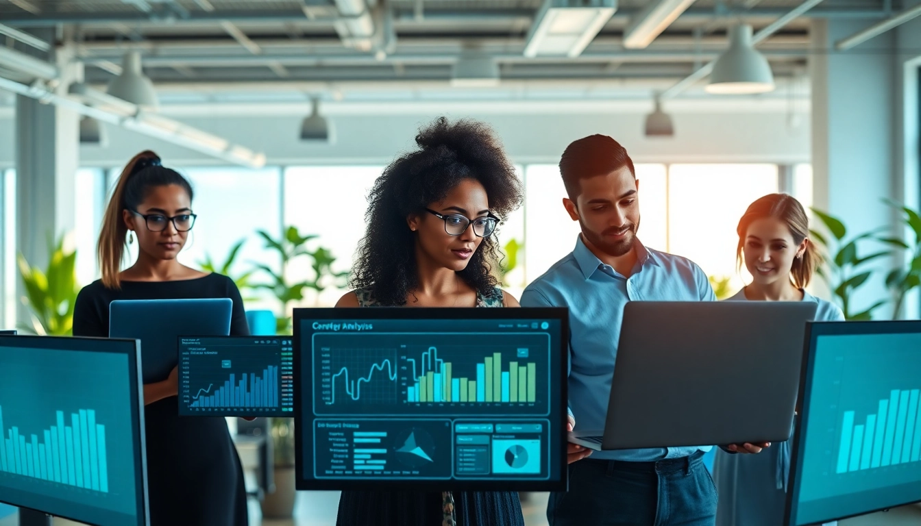 Analyze data with AI for competitor analysis in a modern office setting with a collaborative team.