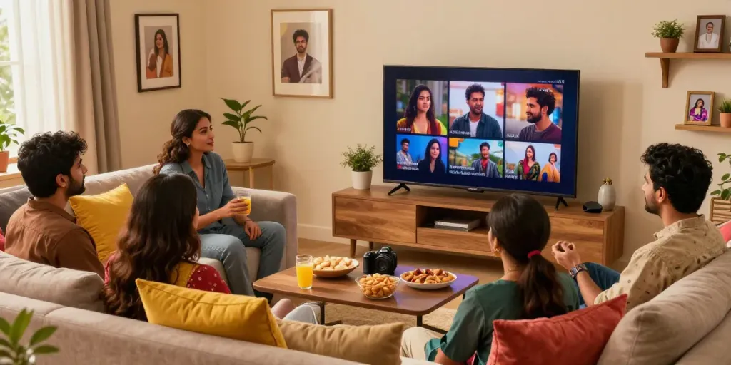 Friends enjoying aagmaal in a cozy setting while watching Indian web series.