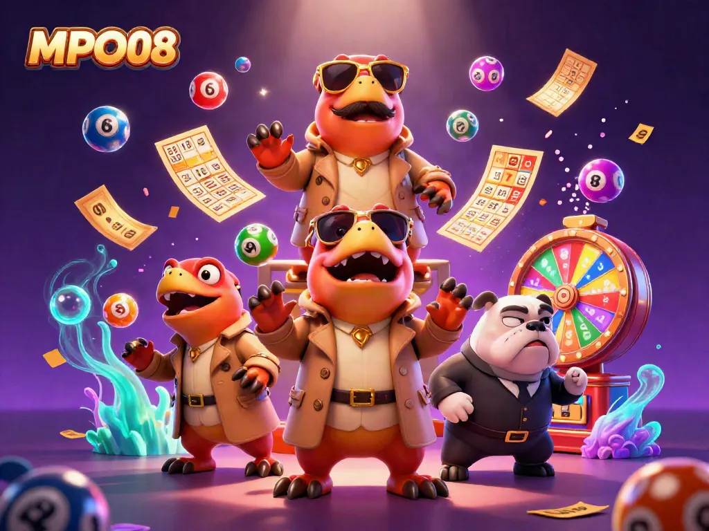 MPO08 raptors parodying entry into a VIP casino lounge surrounded by vibrant gambling elements.