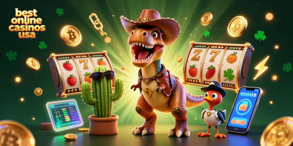 Discover the best online casinos USA illustrated with vibrant characters and gaming elements.
