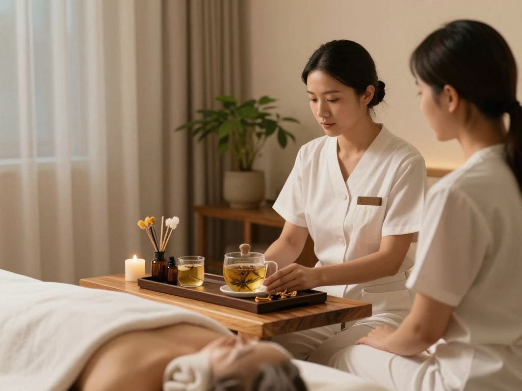 Serene therapist consulting on mantra88 in a cozy premium wellness spa.