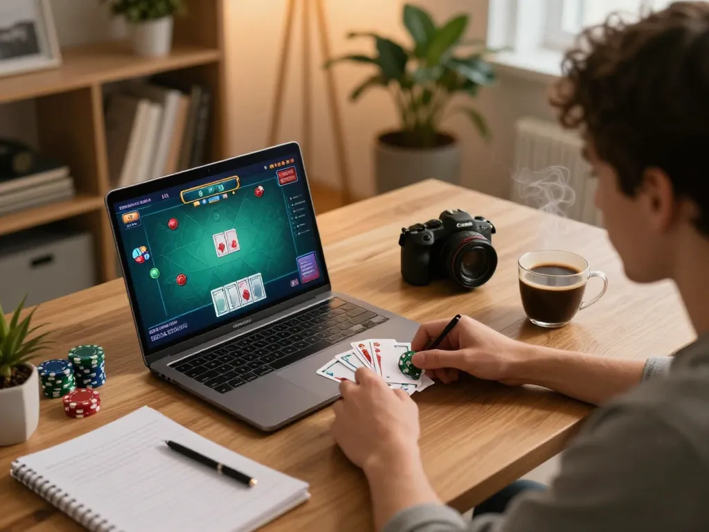 Online poker strategy session at home with lc88 app visible on screen, highlighting focused gameplay.