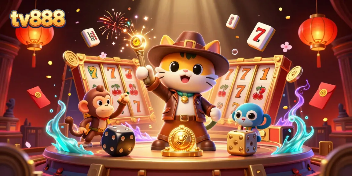 Experience excitement at tv888 with a cat archaeologist amidst slot games and treasures.
