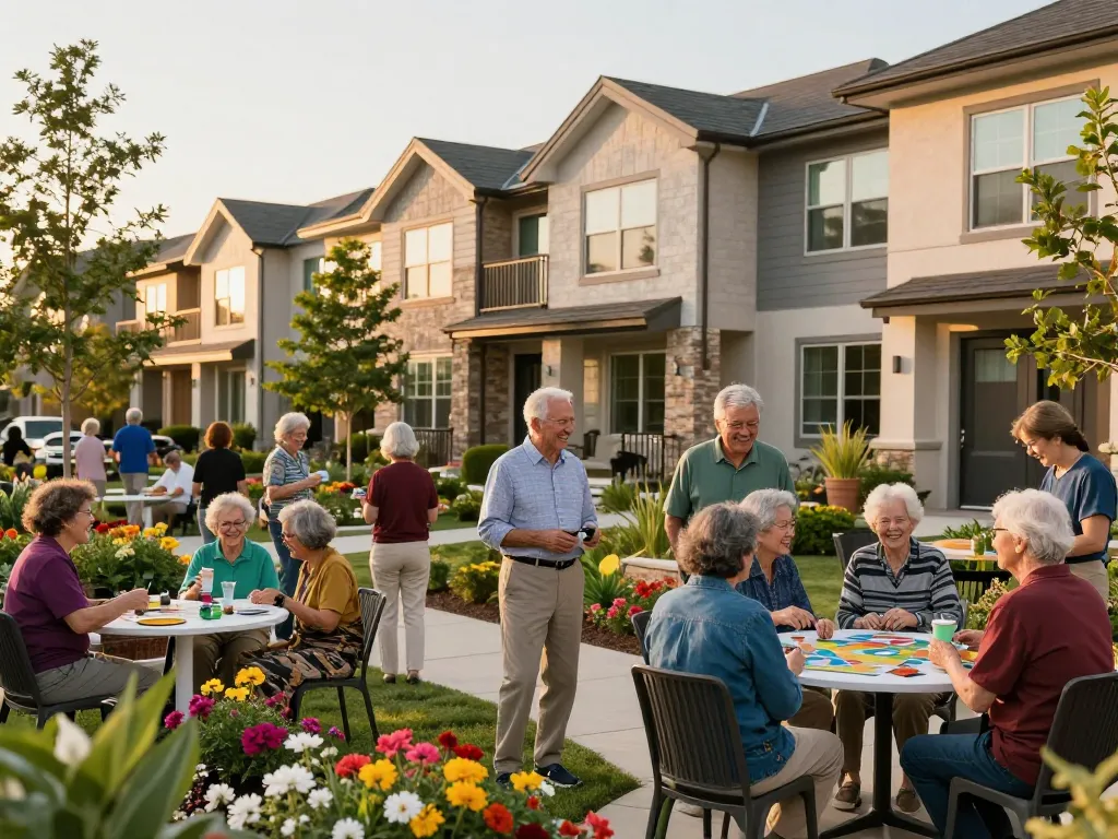 Residents enjoying activities in a vibrant 55+ communities long island, surrounded by beautiful townhomes.