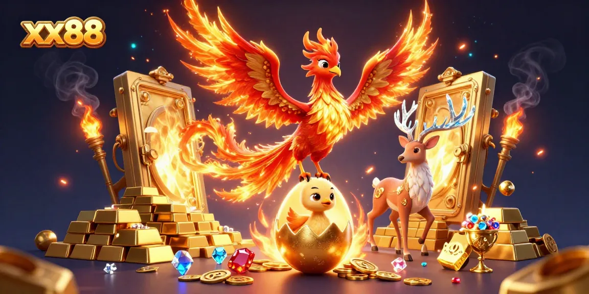 Experience excitement at xx88 with a vibrant 3D illustration of mythical creatures surrounded by riches.