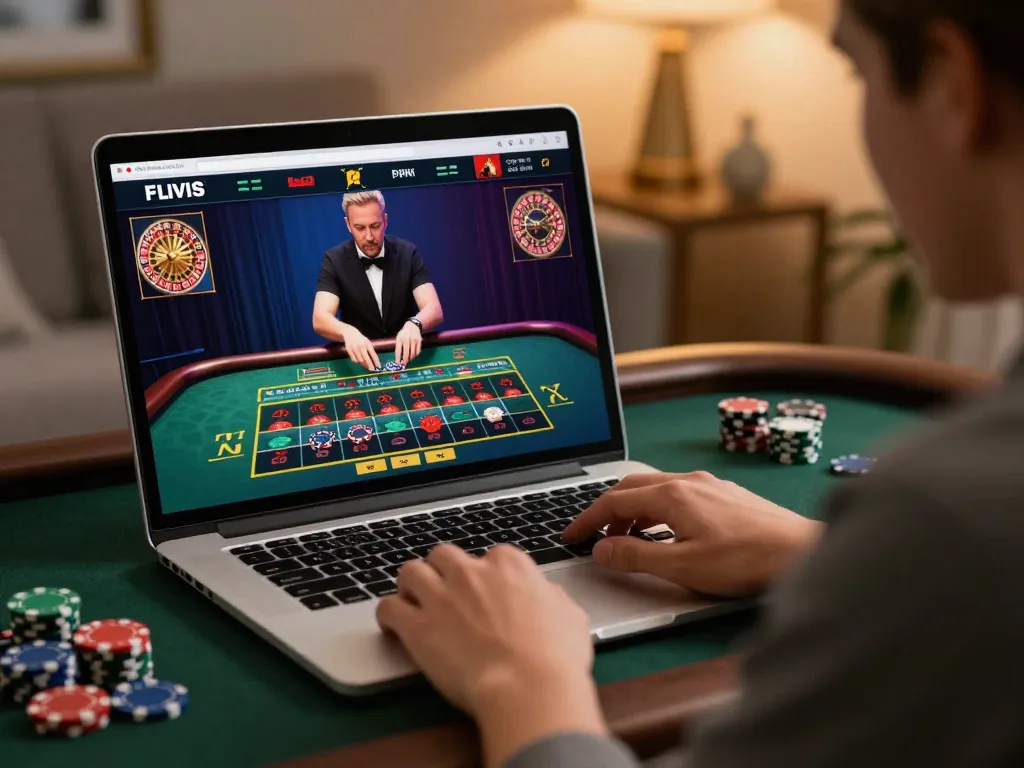 Player engaging with gem88 live dealer game on laptop, showcasing online casino excitement.