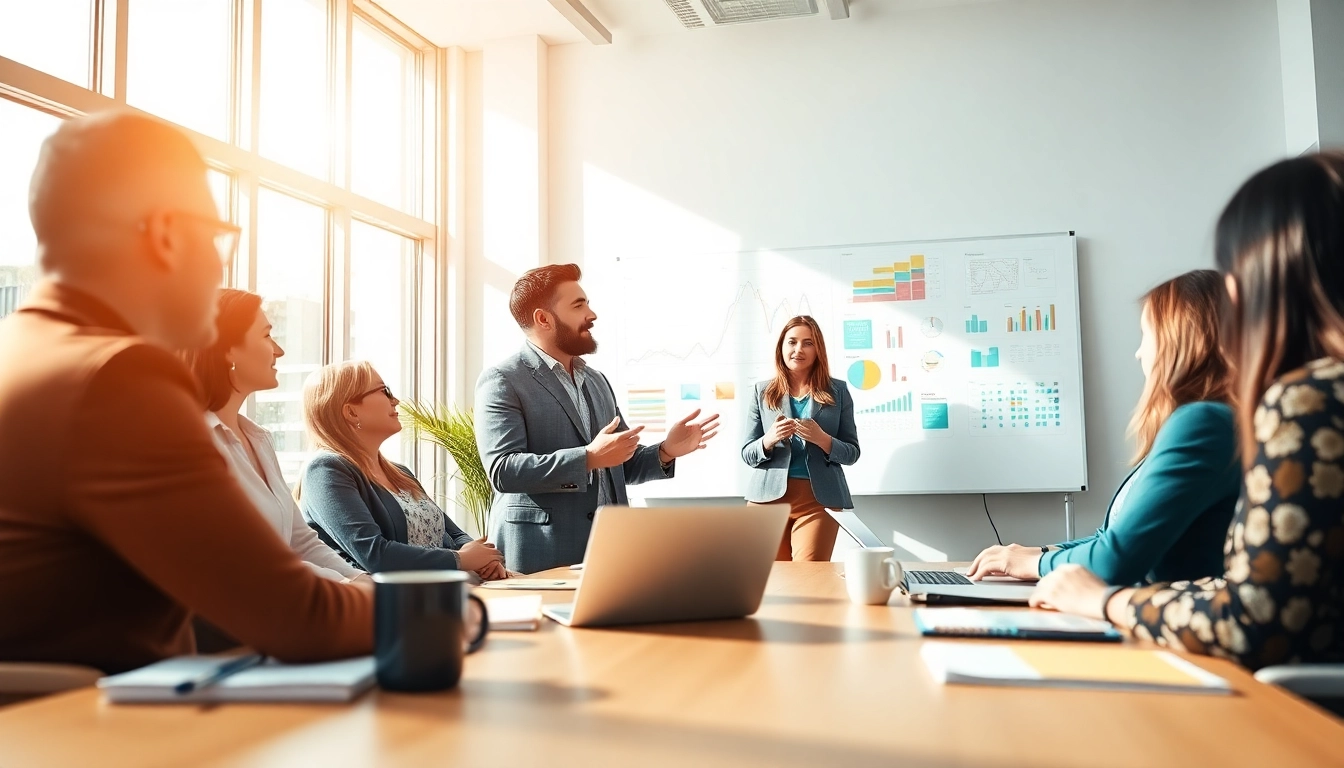 Business coach California guiding a diverse group in a bright, engaging office setting.