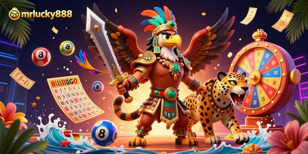 Experience the thrill of mrlucky888 gaming, featuring an Aztec warrior, vibrant bingo cards, and colorful lottery balls.