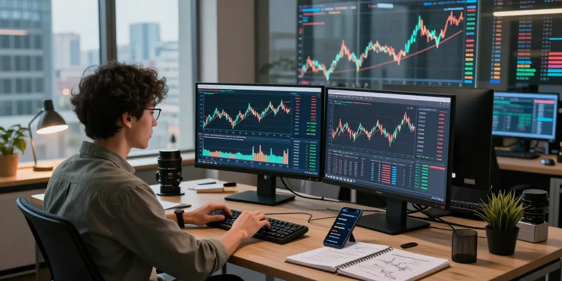Developer analyzing real-time forex trends using a free market data API at a tech workspace.