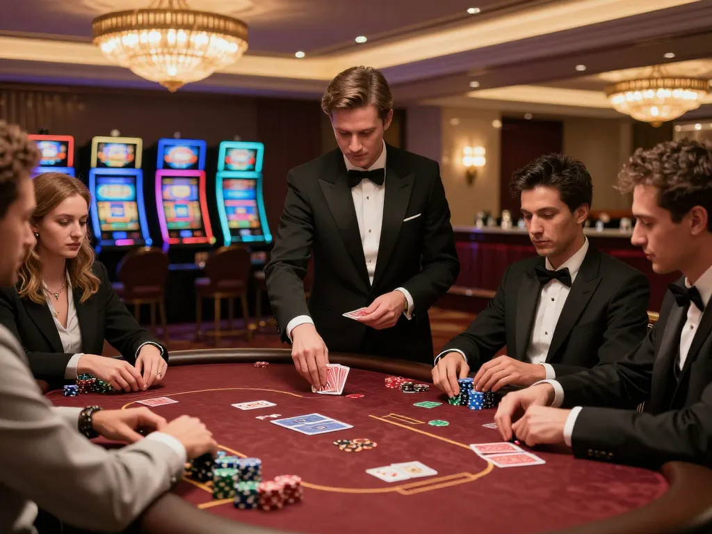 Engaged players strategizing at a high-stakes poker table in a luxury casino setting, capturing the excitement of 부산비비기 gaming moments.