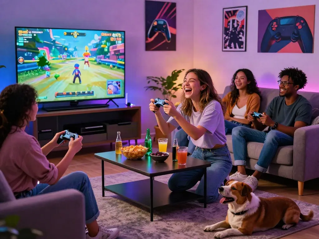 Suasana bermain game Diana4D dengan teman-teman di ruang tamu yang nyaman, menampilkan kebersamaan dan keceriaan.