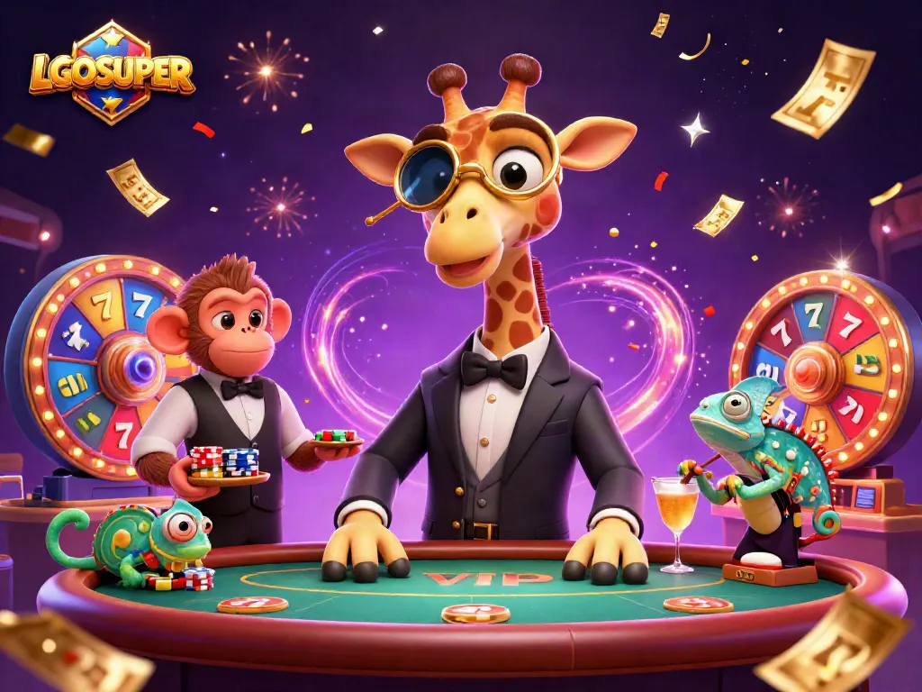 Experience exciting wins with LGOSUPER at the vibrant casino scene featuring charming characters and dynamic gaming elements.