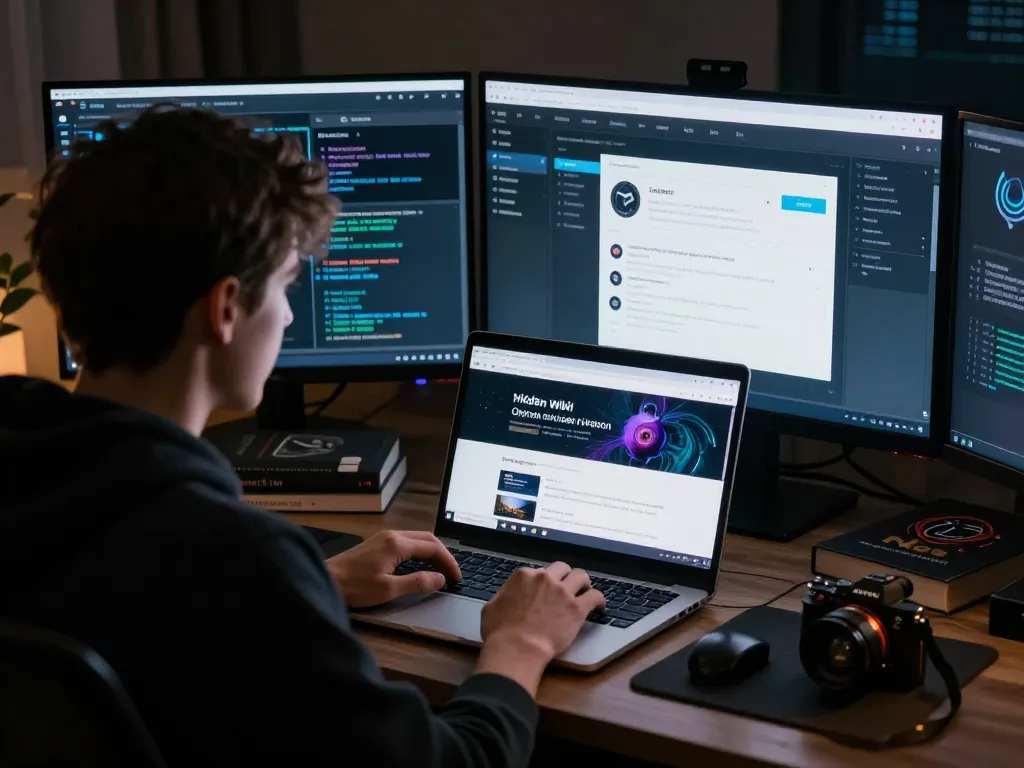 Exploring hidden wiki onion links at a dimly lit workspace filled with cybersecurity tools.