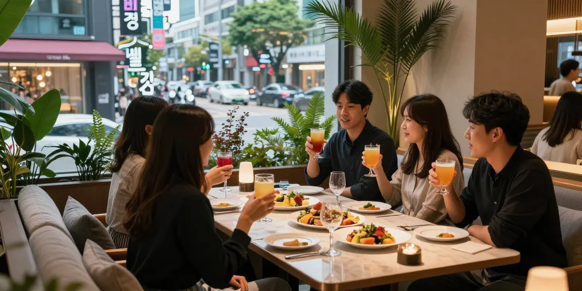 강남 멀리건의 세련된 라운지에서 친구들이 즐거운 시간을 보내는 모습