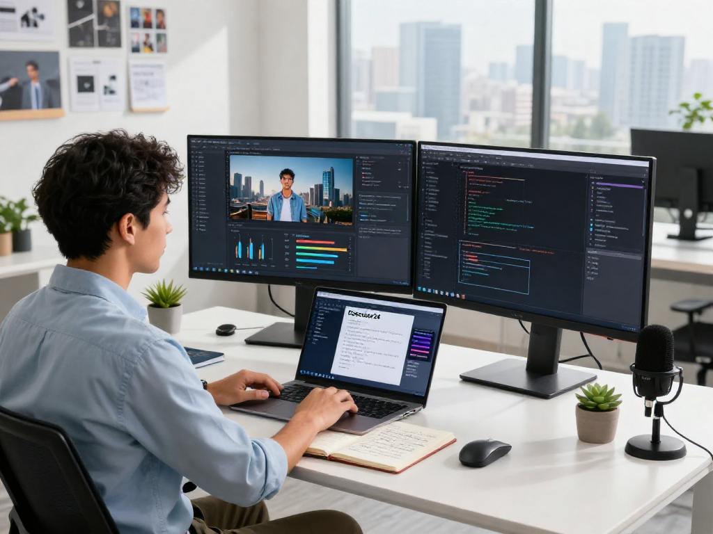 Data analyst working with the ai image detector on dual monitors in a modern office.