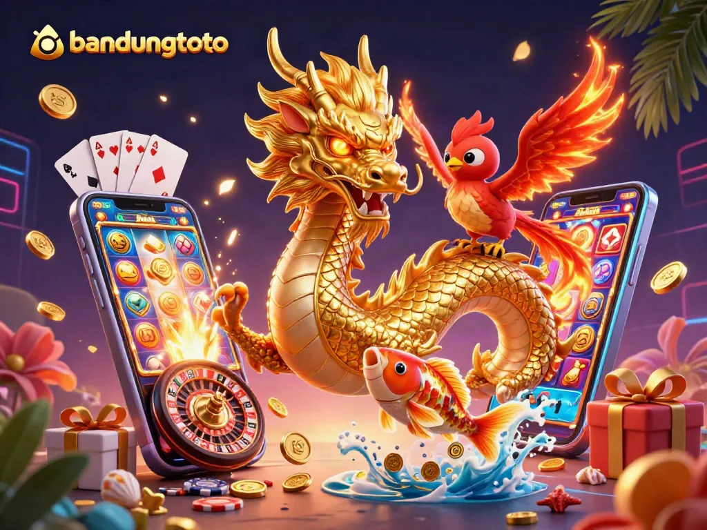 Experience thrilling slots action with bandungtoto in a vibrant casino scene featuring a dragon, phoenix, and koi!