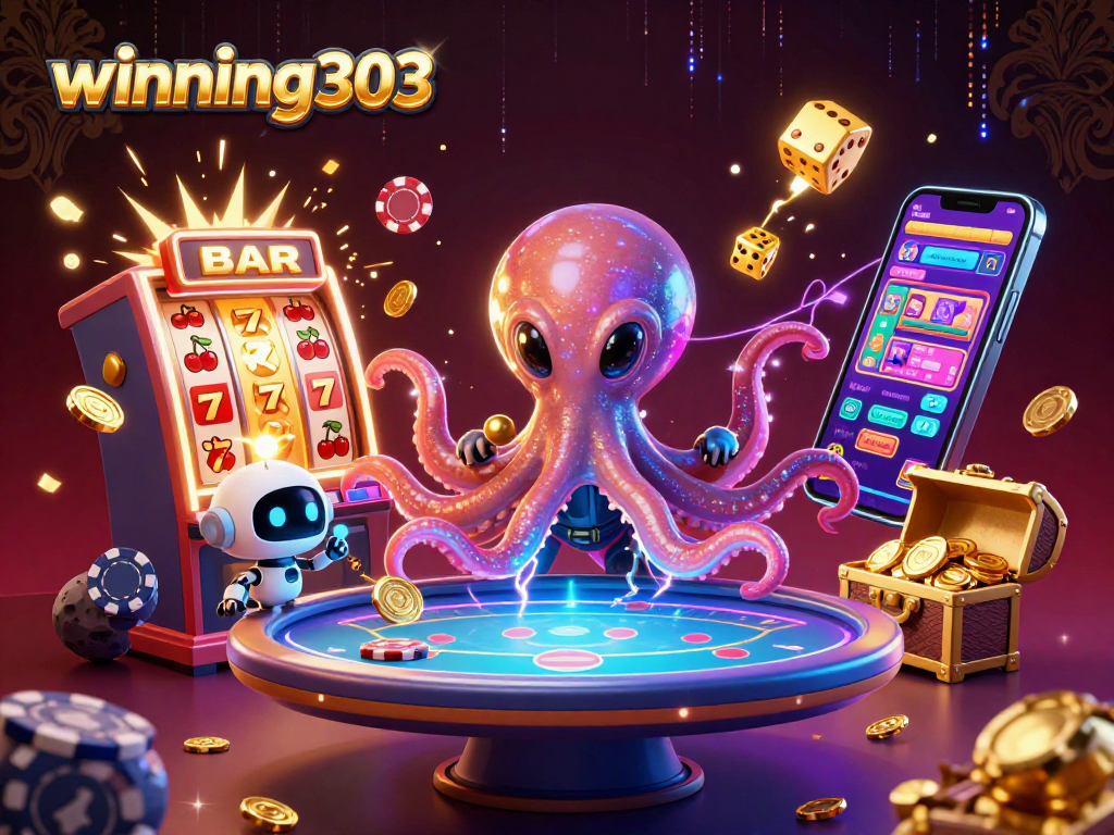 Winning303 showcases a vibrant alien-themed casino scene with an octopus dealer and treasure-filled slots.