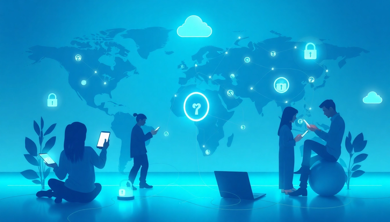 Fast and secure connections through 快连官网, showcasing diverse users with modern devices and global connectivity.