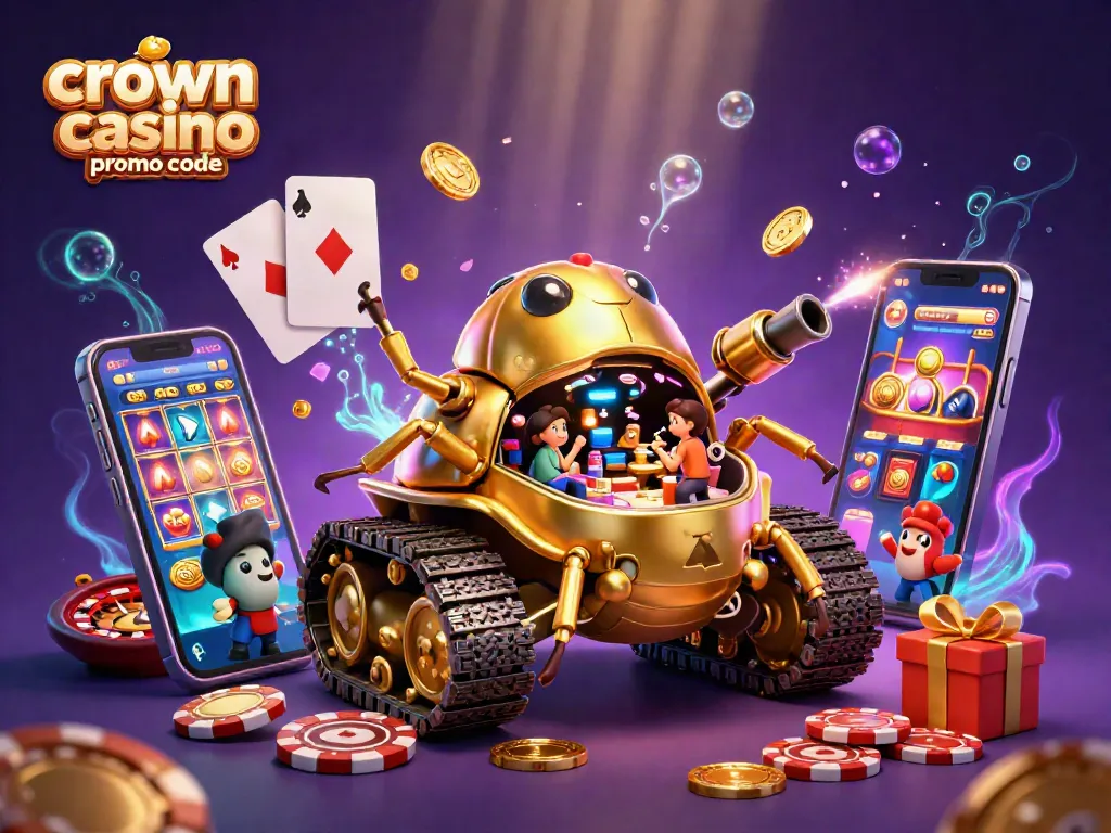 Activate your luck with the crown coins casino promo code in this vibrant 3D gaming scene.