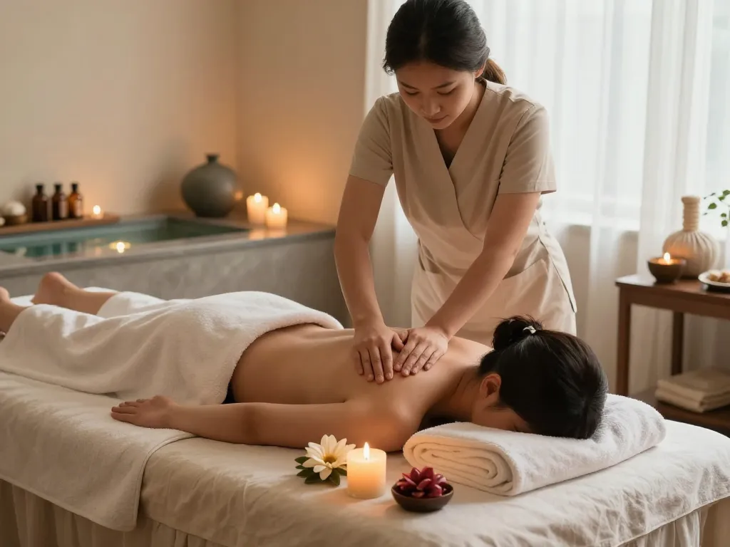 Rejuvenating 역삼동마사지 experience in a serene spa setting with candles and oils.