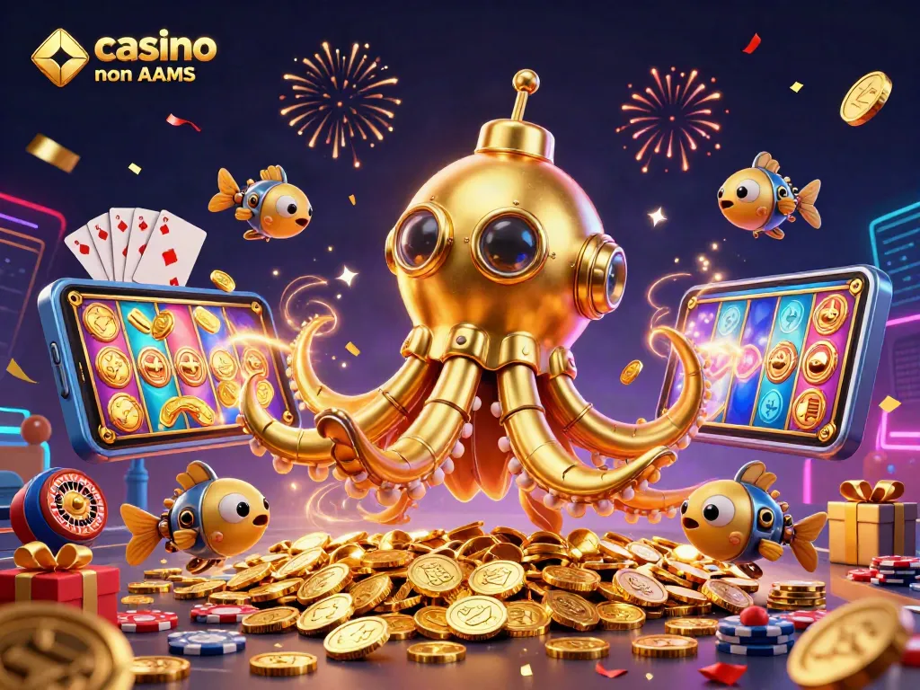 Gioca nei migliori casino online non AAMS con emozionanti slot e ricchi premi in un'illustrazione vivace.