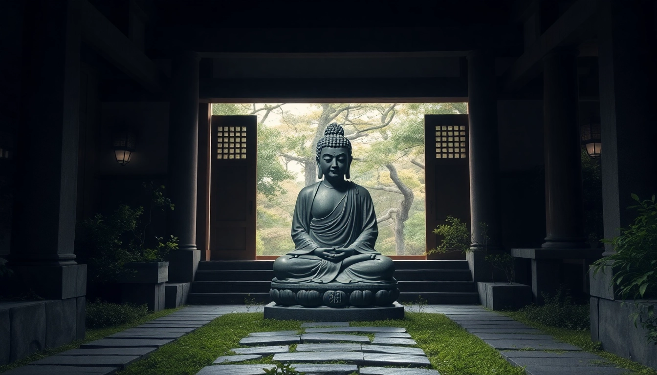 古代の日本寺院に安置される即身仏像。静かな緑に囲まれ、平穏な雰囲気。