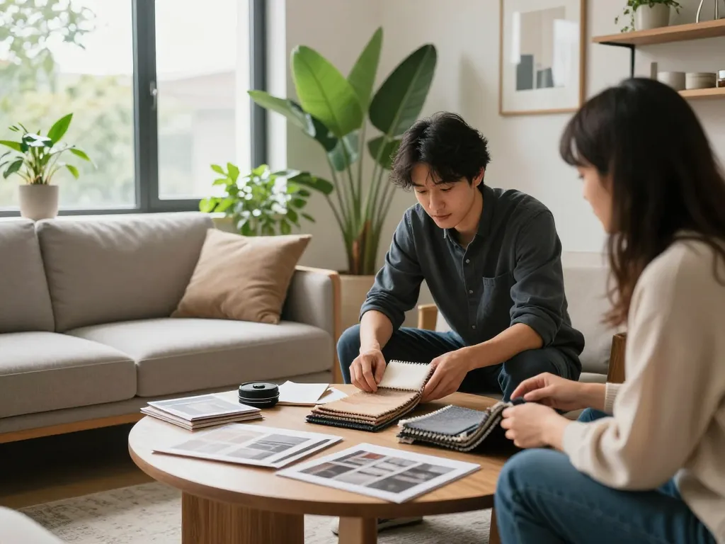 ออกแบบบ้าน กรุงเทพ with homeowners collaborating on modern interior design in a sunlit living room.