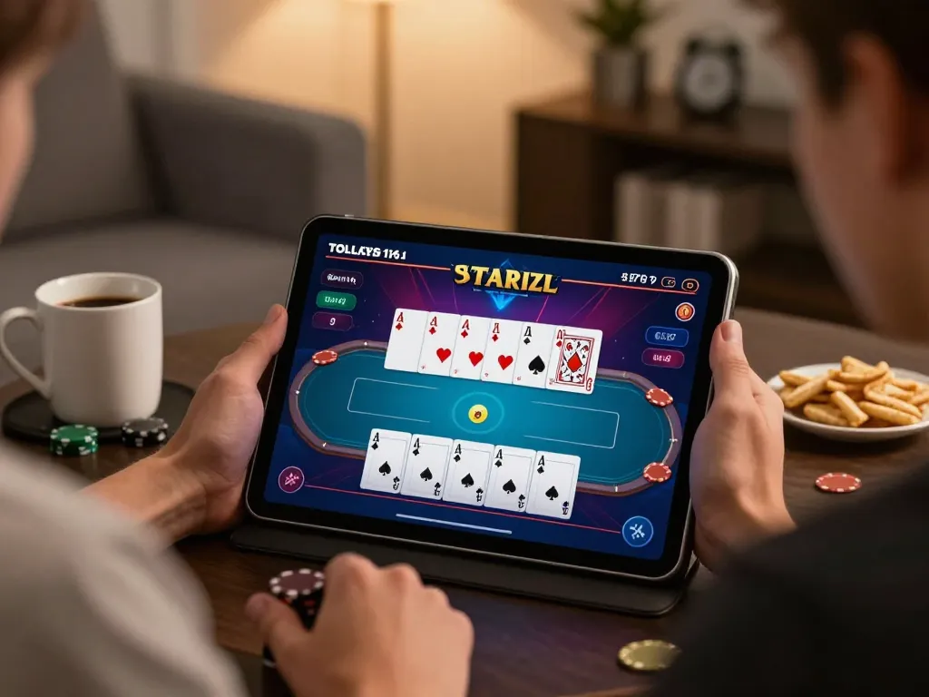 Engaged player enjoying poker on 99win tablet in a cozy home setting, highlighting online gambling excitement.