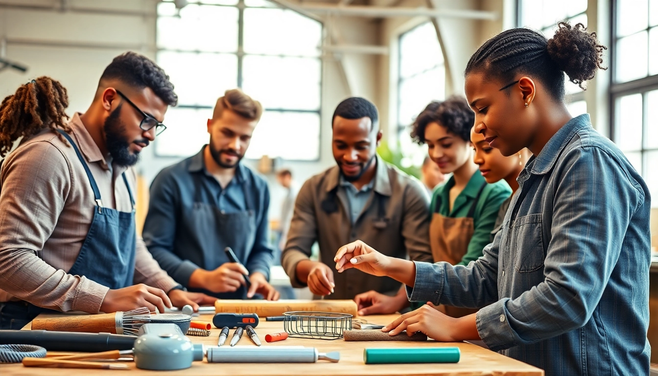 Participants in apprenticeship programs collaborating on a project in a bright workshop.